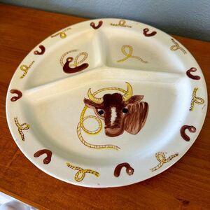 Vintage Western Divided Plate Longhorn Steer Lariat Lasso Cowboy Hand Painted